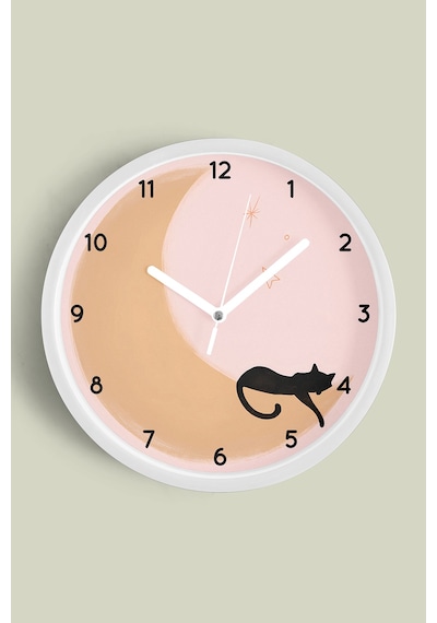 Ayda Uyuyan Kedi Duvar Saati - 35cm - Önü Camlı Beyaz Kasa - Sessiz Mekanizma Beyaz