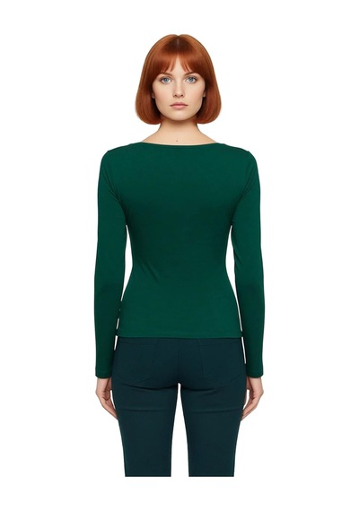 Frm Kadın Moda Şık Üst Giyim Crop Kayık Yaka Slim Kalıp Örme Pamuklu Zümrüt Yeşili