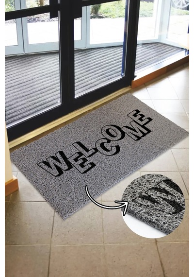 Welcome Paspas - Kıvırcık Paspas - İç Ve Dış Mekan Paspası - Kapı Önü Paspası Gri