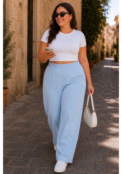 Cedy Denim Kadın Büyük Beden Yüksek Bel Palazzo Pantolon Yazlık İnce Kumaş Terletmez Likralı C633 Buz Mavisi