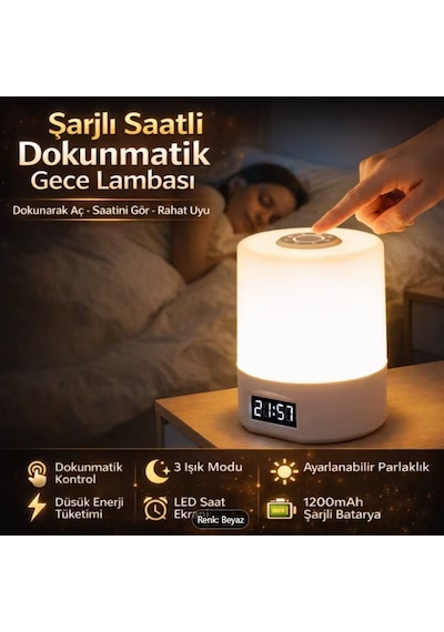 Baymusk Teknoloji Ayarlı Şarjlı Saatli Masa Lambası Gece Lambası Beyaz
