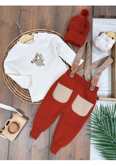 Bebicix Triko Askılı Koala Temalı Kaşkorse Esnek Badili Bereli Unisex Bebek Takım Kiremit