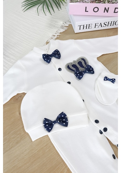 Sitilin Erkek Bebek Papyonlu Kral Taşlı Süslü Tulum Seti 0-3 Ay Stl7015 Mavi