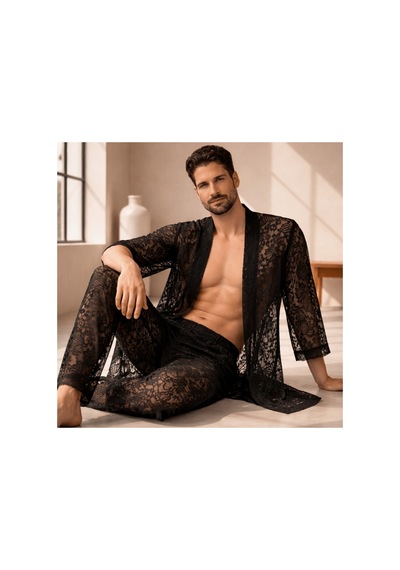 Qmen Style Erkek Kimono Takımı 3 Lü Dantel Set Bornoz + Pantolon + Şort Siyah