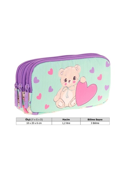 Kaukko Kids Yeşil Mor, Sevimli Ayıcık, Kız Çocuk Üç Gözlü Okul Kalem Çantası - L8239 Yeşil - Mor