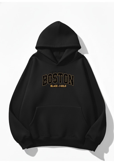 Uyguntarz Unisex Yumuşak Dokulu Boston Black & Gold Baskılı Tasarım Oversize 3 İplik Hoodie Sweatshirt siyah
