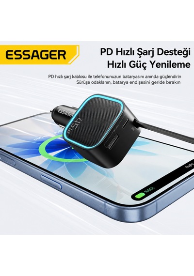Essager 45w Araç Şarj Cihazı Geri Çekilebilir Type-c Kablolu Pd Hızlı Şarj Çakmaklık Adaptörü 75cm Kablo