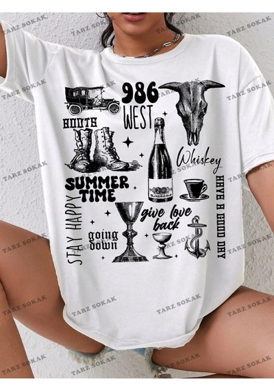 Tarzsokak Unisex Bay Kadın Batı Tarzı Baskılı Kısa Kollu Tişört Kod-1336 Beyaz