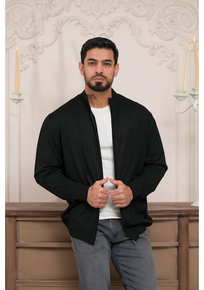 Woolen World Regular Fit Dik Yaka İnce Baharlık Triko Hırka Siyah