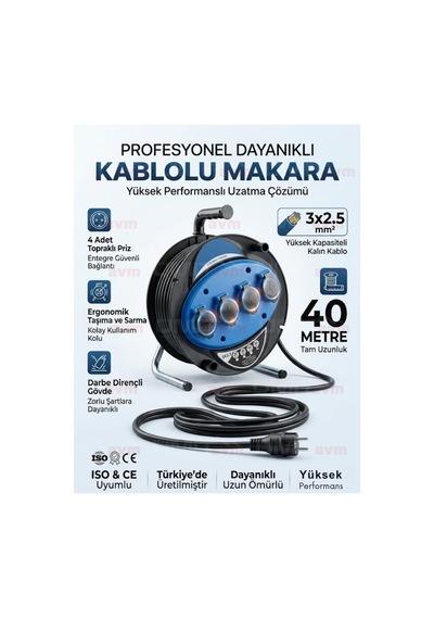 Seyyar Kablo Makarası 3x2.5 Mm 40 Metre 4'lü Topraklı Priz Uzatma Kablosu 40 M
