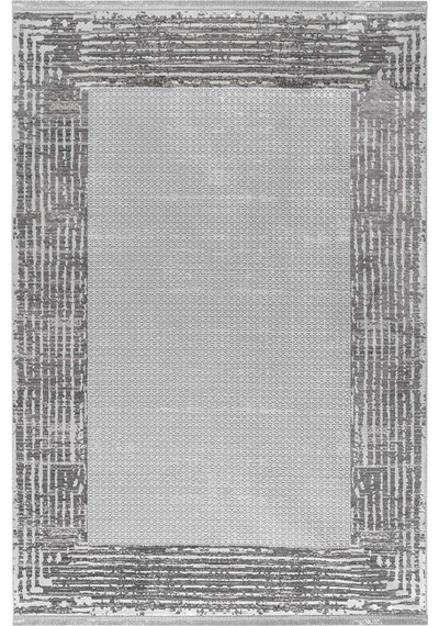 Parlak Saten Dokulu Poem Bambu Tuşe Klasik Çerçeve Desenli Halı Pm08 Beyaz Açık Gri