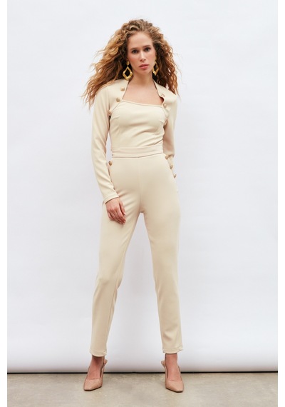 Sateen Düğme Detaylı Pantolon - Bej