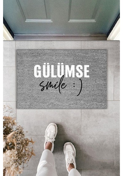 Rugmood Modern Dijital Baskı - Gülümse, Smile : - Kapı Önü Paspası Gri