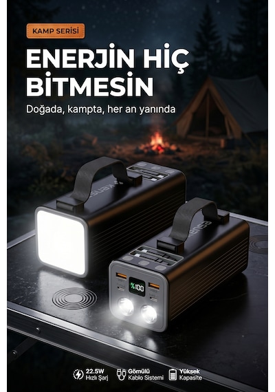 50000mah Powerbank 30w Pd 22.5w Qc Hızlı Şarj Dahili Usb-c Lightning Kablolu Led Fenerli Taşınabilir Şarj Cihazı