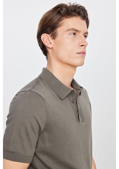 AC&Co / Altınyıldız Classics  Erkek  Hakı %100 Pamuk Standart Fit Normal Kesim Polo Yaka Triko Tişört Haki