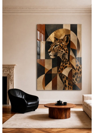 Leopar Figürlü Geometrik Modern Temperli Cam Tablo Siyah Kahve