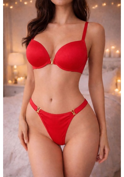 Jupiel Kırmızı Violet V Detaylı Balenli Destekli Push Up Sütyen Takımı