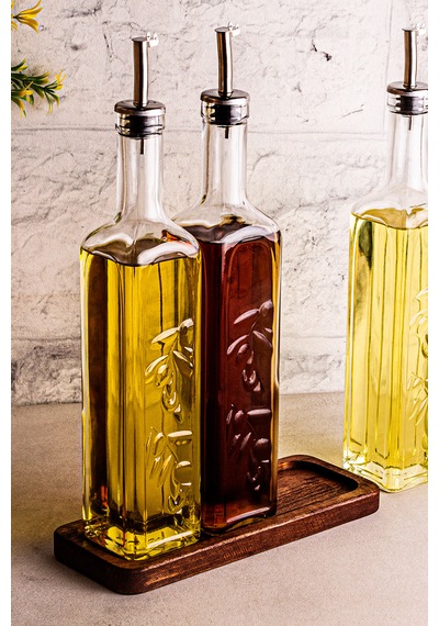 Snippy Safir - Ahşap Standlı 3'lü Cam Damlatmaz Yağlık Sirkelik Zeytinyağı Sıvıyağ Şişesi Yağlık 500ml Ahşap