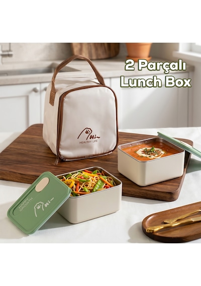 Porsima Bl25229 Isı Yalıtımlı Çanta Paslanmaz Çelik 2 Parça Vakumlu Yemek Termosu Beslenme Kutusu Taşınabilir Lunch Box Sefer Tası Krem