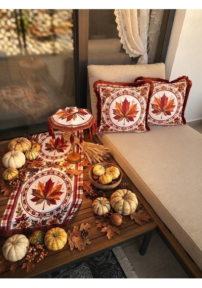 Missidea Fall Elegance Yaprak Desenli Dekoratif Masa Üstü Lambası Bali Şemsiyesi Seti Şemsiye + Runner + 2 Li Kırlent Kılıfı Çok Renkli