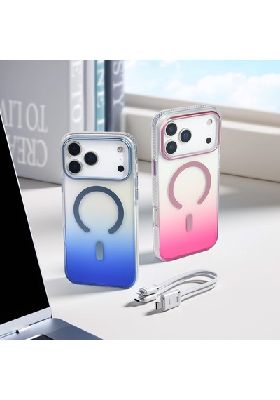 Apple Uyumlu iPhone 17 Pro Kılıf Transparan Renk Geçişli M-safe Şarj Özellikli Toros Kapak Rose Pembe