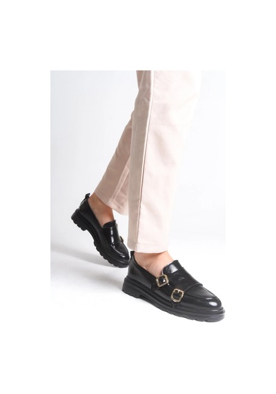 Sermoda Loafer Kadın Ayakkabı - Makosen Tokalı Casual Günlük Kadın Ayakkabı Siyah Rugan