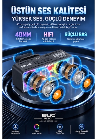 Blic Bls-71 Siyah Armor Series 10w Kablosuz Rgb Bluetooth Hoparlör Tws Tf Kart Desteği