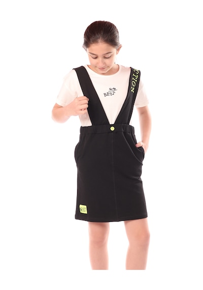 Toontoy Kız Çocuk Bisiklet Yaka Basic T-shirt Ve Askılı Cepli Nakış Baskılı Salopet Elbise - 2'li Takım Siyah