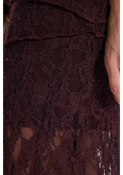 Tudors Kadın Slim Fit Dar Kesim Lastikli Yüksek Bel Dantelli Bordo Etek -50500