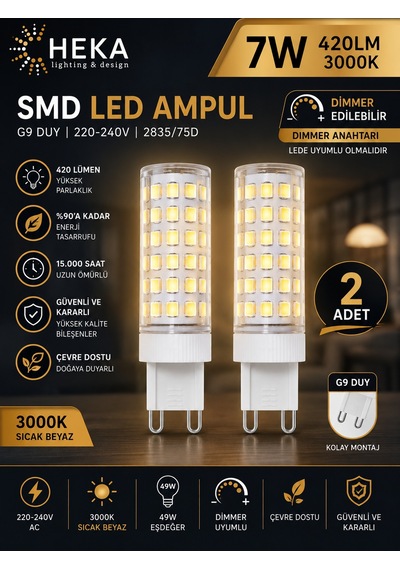 2 Adet Heka 7w Günışığı 3000k G9 Duylu Dim Edilebilir Led Kapsül Ampul