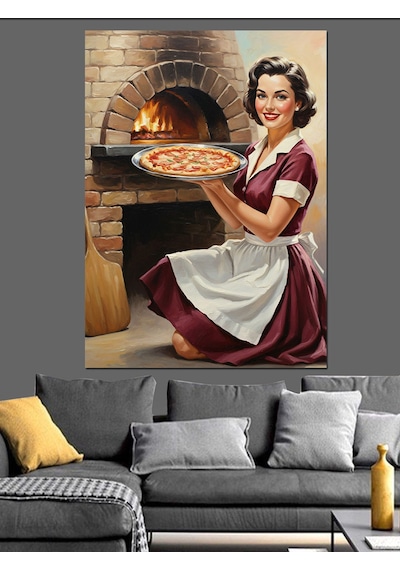 Ahşap Tablo Fırıncı Kadın Pizza Yapıyor Hayvan Tabloları
