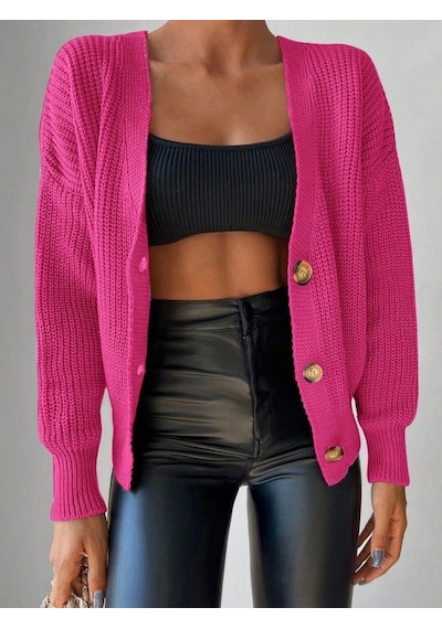 Saklımoda Kadın Uzun Kollu Düğme Detay Triko Bluz Pembe