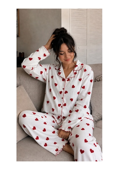 Rindahomewear Burumcuk Kumaş Bayby Overlok Uzun Kol Düğmelipijama Takımı Beyaz
