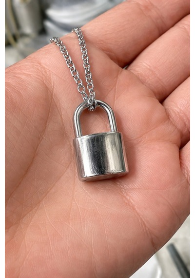Gümüş Renk Asma Kilit Tasarım Kolye I 60 Cm Unisex Metal Zincir Çok renkli