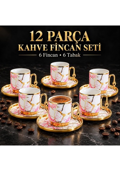 Valkyrie 12 Parça 6 Kişilik 80 Ml Türk Kahvesi Fincan Seti Pembe Mermer Desenli Gold Detay K653 Pembe