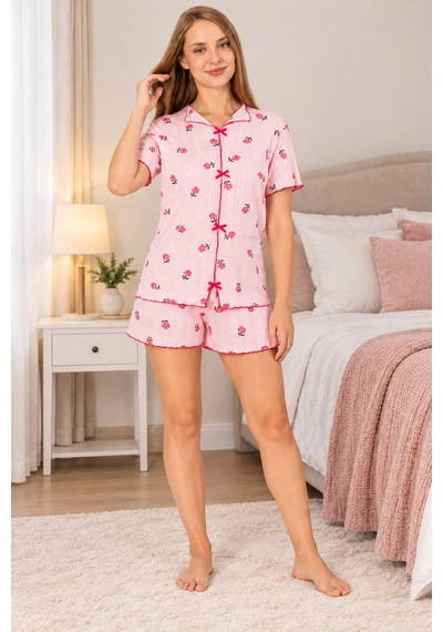 Genel Markalar Kadın Çiçek Desenli Pembe Şortlu Pijama Takımı Pembe Pembe