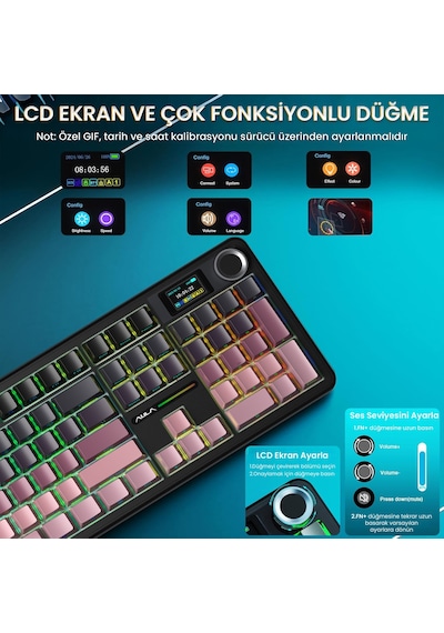 Aula F108 Pro Ekranlı Mekanik Klavye Graywood V3 Switch Rgb Hot Swap 8000mah Makrolu Oyuncu Klavyesi Gradyan Pembe