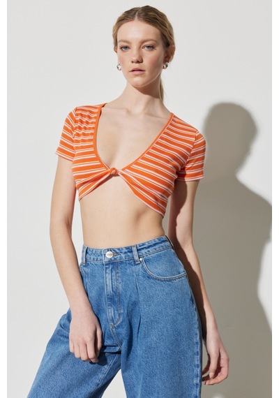 Lee Wrangler Regular Fit Normal Kesim V Yaka Çizgili Crop Bluz Turuncu