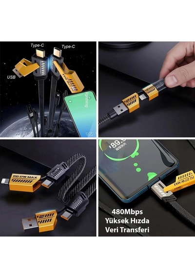 4in1 65w Hızlı Şarj Kablosu Type-c To Usb-a + Type-c To Lightning, 27w Pd Destekli Çoklu Şarj Kablo 4915