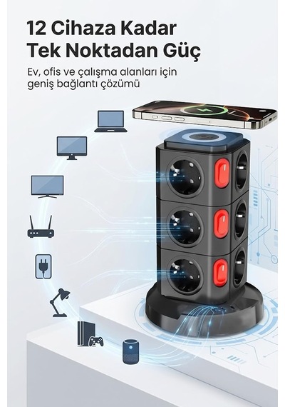 12'li Kule Tipi Çoklu Priz 3680w Kablosuz Şarjlı 1xusb-a 2xtype- C Akıllı Güç İstasyonu Standart