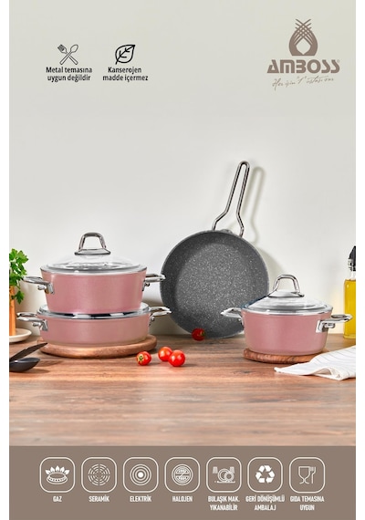Amboss Crystal 7 Parça Granit Çift Renkli Tencere Seti - Rose Gold