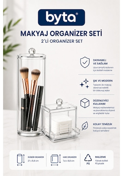 Şeffaf Akrilik Makyaj Organizer Seti 2'li Kapaklı Pamukluk Ve Fırçalık Kozmetik Düzenleyici Şeffaf