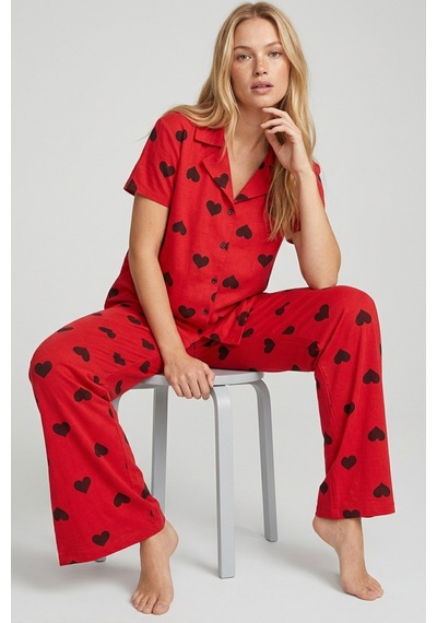 Siyah İnci Gömlek Yaka Düğmeli Örme Pijama Takım Kırmızı Siyah Kalp