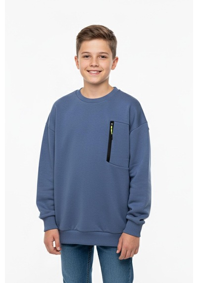 Bisiklet Yaka Cep Fermuar Detaylı Erkek Çocuk Sweatshirt-90853 İndigo