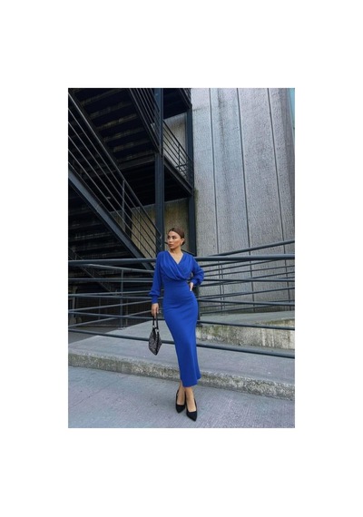 Store Simli Yaka Elbise Kumaş Midi Abiye Kruvaze Saks - 935899160 Saks