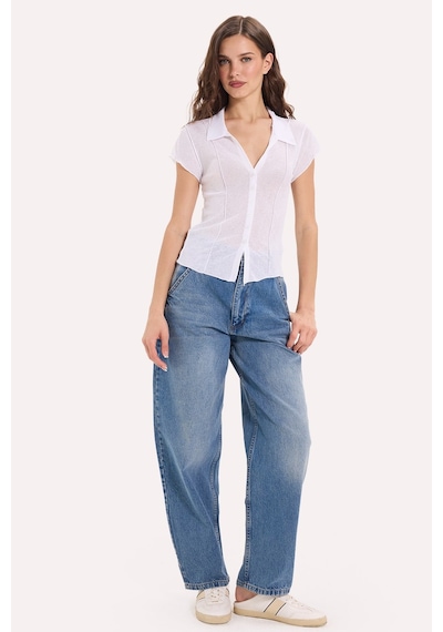 Tudors Kadın Slim Fit Dar Kesim Kısa Kollu Dikiş Detaylı Dokulu Düğmeli Beyaz Bluz Gömlek