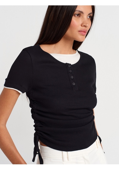 Dilvin 31816 Çift Katlı Büzgülü T-shirt-siyah SIYAH