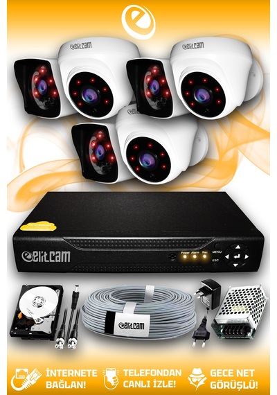 Elitcam 6 Kameralı Kare 3 İç Kamera Set 100 GB HDD Full HD Gece Görüşlü Güvenlik Kamerası Sistemi