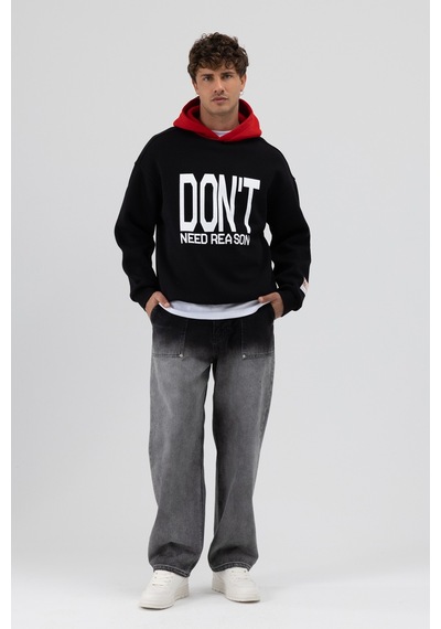 Vamos Çift Renk Baskılı Oversize Sweatshirt V70-92 Siyah