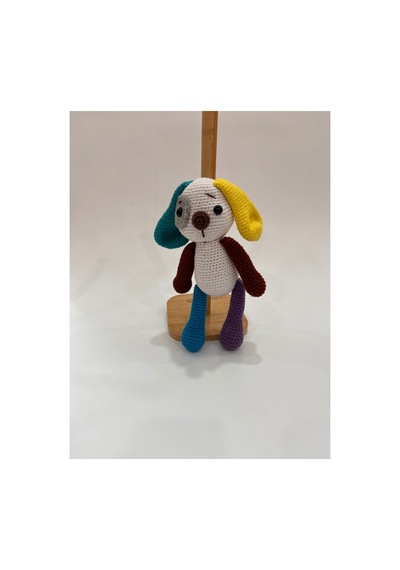 El Yapımı Amigurumi Köpek Oyuncak Renkli Kulak Örgü Bebek & Çocuk Hediyesi 21cm Sarı Kulak Mor